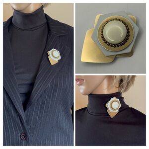 Vintage 80s Art Deco Geometric Brooch 
Gold & Cream Enamel Statement Pin